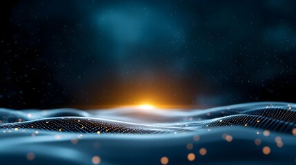 Poster - Futuristic urban landscape with interconnected dots gradient lines and flowing wave patterns representing advanced technology digital moody atmosphere and retrofuturistic environment