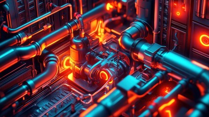 Poster - Close-up of a metallic engine with glowing red details