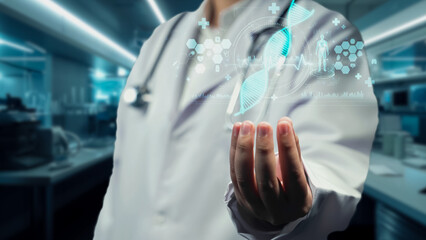 Close up of smart doctor holding DNA sample hologram floating on hand. Medical worker showing DNA molecule while analyzing genetic disorder by searching medical research. Technology design. Remedial.