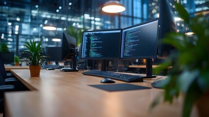 Poster - Abandoned and Desolate Trading Floor with Flickering Computer Screens Displaying Prices in a Vast Cavernous Office Space Overlooking an Urban Cityscape