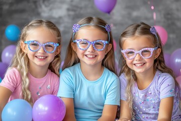 Three cheerful girls wearing colorful glasses enjoy a fun moment with balloons.