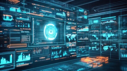 Aufkleber - Futuristic Digital Interface with Holographic Displays and Data Visualizations