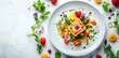 © Kind Bee Studio - Grilled fish fillet with fresh vegetables and edible flowers on a white plate.