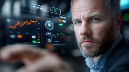 Aufkleber - Futuristic holographic visualization of a bustling trading floor within a high tech financial institution  Transparent holographic screens displaying real time tickers market analytics