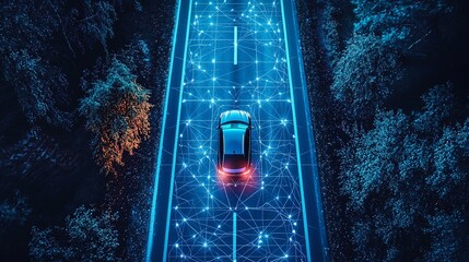 A vehicle journeys along a digital highway glowing with a blue matrix, an artistic representation of the blending between modern travel and digital innovation.