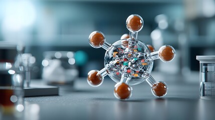 Leinwandbilder - Cutaway view of a molecular structure transparent surfaces revealing the inner workings and color coded atomic elements accompanied by technical diagrams and data readouts in a cinematic