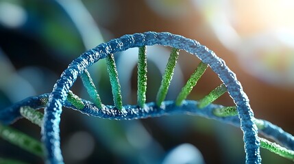 Poster - Glowing DNA helices in vivid blue and green hues intertwine into a dynamic abstract composition with a cinematic futuristic style captured with a macro