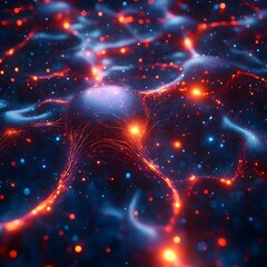 Poster - Futuristic neural network of glowing lines and shapes conveying creativity complex geometric patterns luminous neon filaments dynamic flow of energy dreamlike abstraction and aesthetic