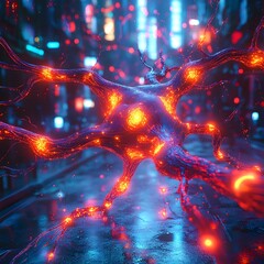 Poster - Captivating futuristic neural network artwork featuring a dynamic display of glowing lines geometric shapes and luminous neon filaments