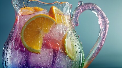 Refreshing Citrus Beverage in Artistic Glass Pitcher with Ice Cubes on Blue Background