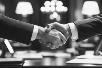 Businessmen shaking hands after successful meeting in modern office