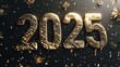 © stockagency - A shiny golden '2025' against a dark background with festive confetti, celebrating the New Year.