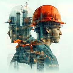 Aufkleber - Innovative building construction design concept featuring a graphic with multiple exposure effects skilled construction workers and civil engineers planning