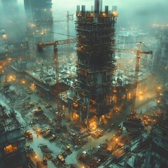Aufkleber - Ambitious architectural and engineering project underway at a dynamic construction site featuring towering cranes heavy machinery and a hardworking crew of builders