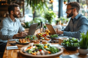 Two businessmen having working lunch meeting in restaurant