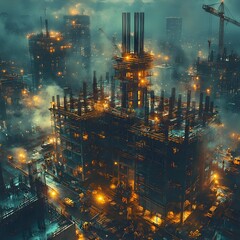 Aufkleber - Ambitious architectural rendering depicting a large scale construction site with towering cranes heavy machinery and a hardworking crew of builders engaged in an impressive engineering project
