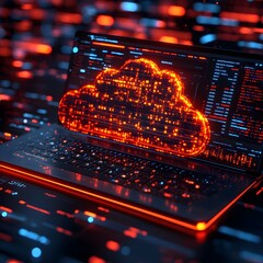 Aufkleber - Zoomed in perspective of a sleek and intuitive cloud computing user interface displayed on a laptop highlighting the seamless file transfer process to expansive remote servers