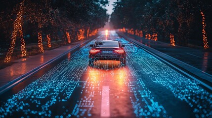 A car speeds along a vibrant, digitally enhanced road with glowing lights in a scenic nighttime environment, representing innovation and futuristic transport.