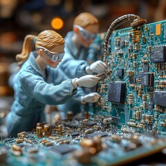 Aufkleber - Tiny repairman figurines meticulously inspecting and repairing the intricate components of a complex electronic circuit board captured in sharp focus with a retrofuturistic