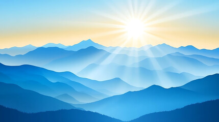 serene blue mountain range with bright sun rising above, creating peaceful atmosphere