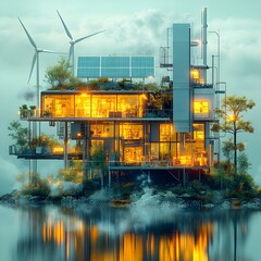 Poster - Integrated Smart Grid System with Solar Panels Wind Turbines and Intelligent Energy Management   Striking Visual Symbolism of Clean Renewable Power in a Minimalist Digital Art Composition