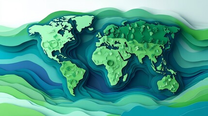 Poster - Earth Day web banner featuring paper cut world map vibrant green and blue with layered textures creating a 3D effect The banner symbolizes environmental awareness and global unity for Earth protection