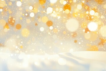 Wall Mural - golden bokeh lights and soft glowing orbs on a warm gradient background. abstract festive design wit