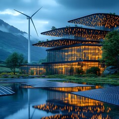Poster - Innovative smart grid system featuring sleek solar panels arranged in geometric patterns towering wind turbines with graceful blades spinning in the breeze efficient energy storage solutions