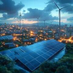 Leinwandbilder - Sustainable Energy Powerhouse Sleek solar panels and towering wind turbines working in tandem to drive a futuristic smart grid a testament to advancements in clean and efficient technology