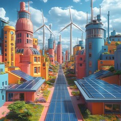 Poster - Gleaming solar arrays and majestic wind turbines powering a cutting edge smart city with vibrant details and Bauhaus inspired architectural design   a vision of sustainable efficient