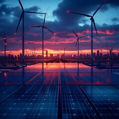 Leinwandbilder - Futuristic cityscape showcasing sleek solar panels and towering wind turbines working in tandem to drive a smart sustainable energy grid   a testament to advancements in clean