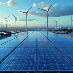 Leinwandbilder - Sleek solar panels and towering wind turbines working in tandem to drive a smart grid a testament to advancements in sustainable technology and a vision for a clean eco friendly future cityscape