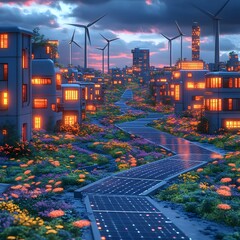 Aufkleber - Gleaming solar arrays and majestic wind turbines powering a cutting edge smart city with vibrant colors and a Bauhaus inspired architectural landscape