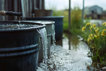 Overflowing water barrels in a garden setting, capturing water conservation and sustainability, perfect for eco-friendly, nature, and rural themes, highlighting resource management