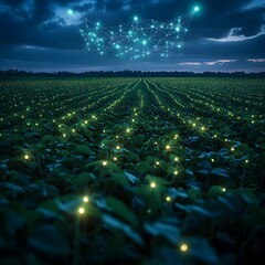 Sprawling soybean fields stretching across the countryside a lush green landscape with a futuristic data visualization glowing above