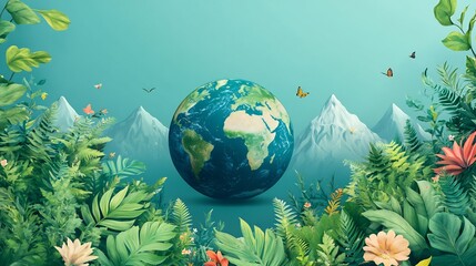 Poster - Earth globe illustration surrounded vibrant plants trees and mountains on a blue background Copy space banner below highlights ecological Earth Day addressing environmental problems and natures beauty