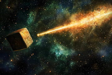 cube shape comet flying through outer space.