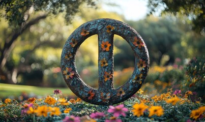 Peace symbol in garden park nature outdoor filled with flowers, Generative AI