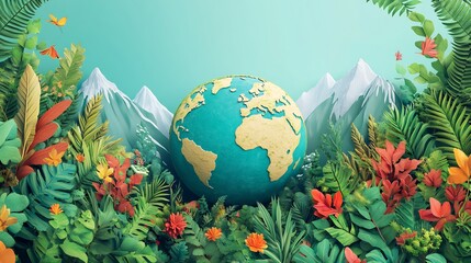 Poster - Earth globe illustration surrounded vibrant plants trees and mountains on a blue background Copy space banner below highlights ecological Earth Day addressing environmental problems and natures beauty