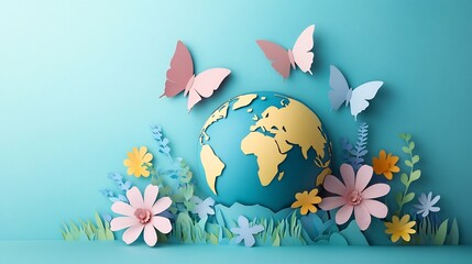 Poster - Earth globe a vibrant papercut style adorned with delicate butterflies and blossoming flowers The minimalistic background emphasizes World Environment Day and environmental harmony