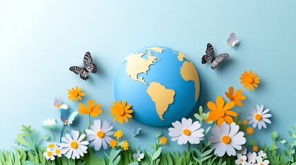 Poster - Earth globe a vibrant papercut style adorned with delicate butterflies and blossoming flowers The minimalistic background emphasizes World Environment Day and environmental harmony