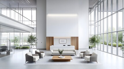 Aufkleber - Overhead view of a modern minimalist office lobby featuring clean lines Scandinavian influenced furniture and a calming serene atmosphere  The space is bright airy
