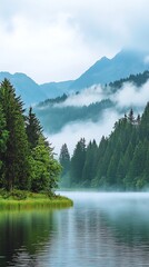 A serene lake with a foggy mountain backdrop.