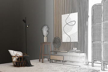 Sticker - Interior of stylish living room, designer's idea realization. Different furniture and decor. Combination of photo and sketch