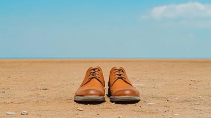 Brown leather shoes on a sandy beach under a clear blue sky.