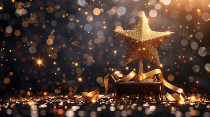 Wall Mural - golden glitter star trophy on dark background with sparkling bokeh lights and ribbons