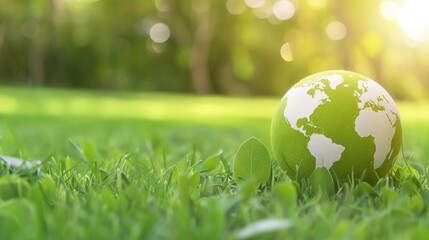 Eco-Friendly Concept: Green Earth Globe Resting on Lush Grass in Sunlit Garden