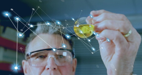 Poster - Image of network of connections over caucasian male scientist working in lab