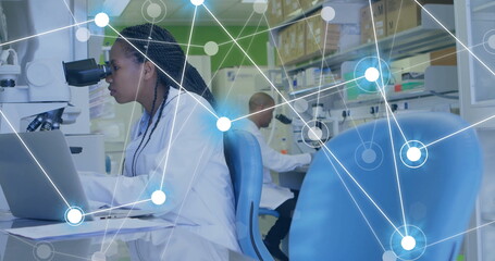Aufkleber - image of network of connections over african american female scientist working in lab