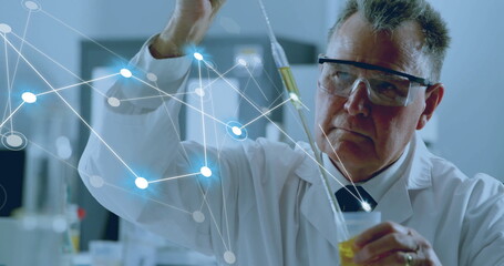 Poster - Image of network of connections over caucasian male scientist working in lab